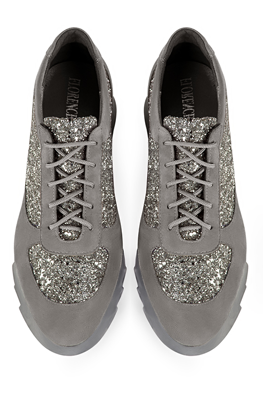 Dove grey and dark silver women's one-tone elegant sneakers. Round toe. Low rubber soles. Top view - Florence KOOIJMAN